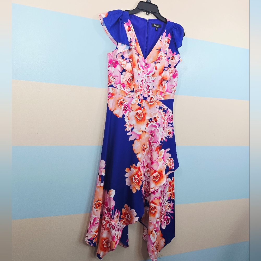NWT Kensie Blue Asymmetrical-hem Flutter Sleeve Midi Dress - Picture 3 of 6